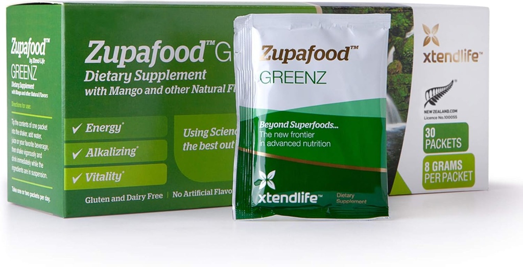 Xtendlife Zupafood GREENZ Powder - Ecologic Greens Powder Superfood Detox Juice Mix with Spirulina/Wheatgrass for Gut Health, Natural Detoxification & Strong Immunity TEN 30 Packs (Vegan & Gluten Free)