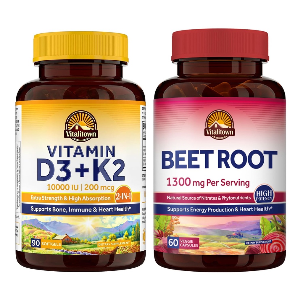 Vitalitown vitaminD3+K2 90 Softgels Organic Beet Root 60 Capsules – 1300mg