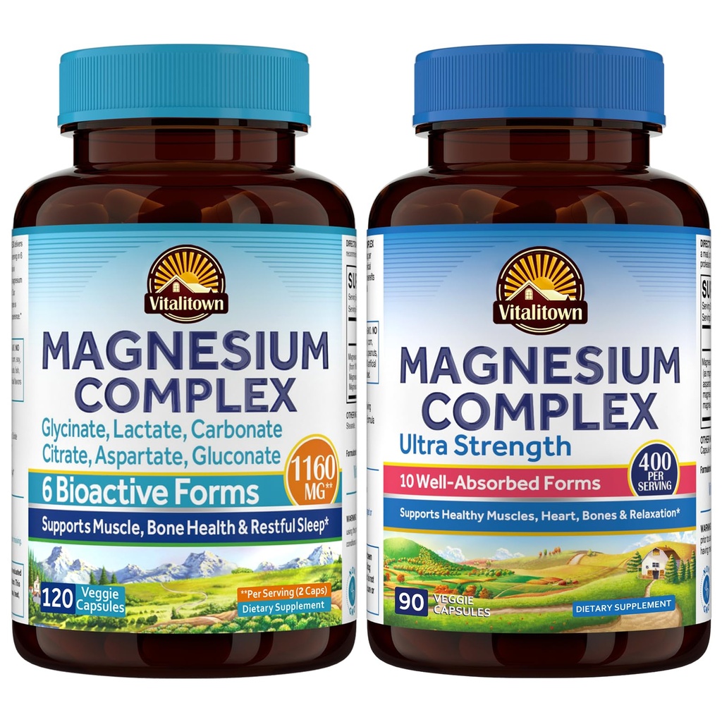 Vitalitown Magnesium Bundle (Pack of 2) | 6-in-1 & 10-in-1 Magnesium Complex | for Bone, Heart & Muscle |Magnesium Glycinate, Magnesium Citrate| 120 & 90 Capsules