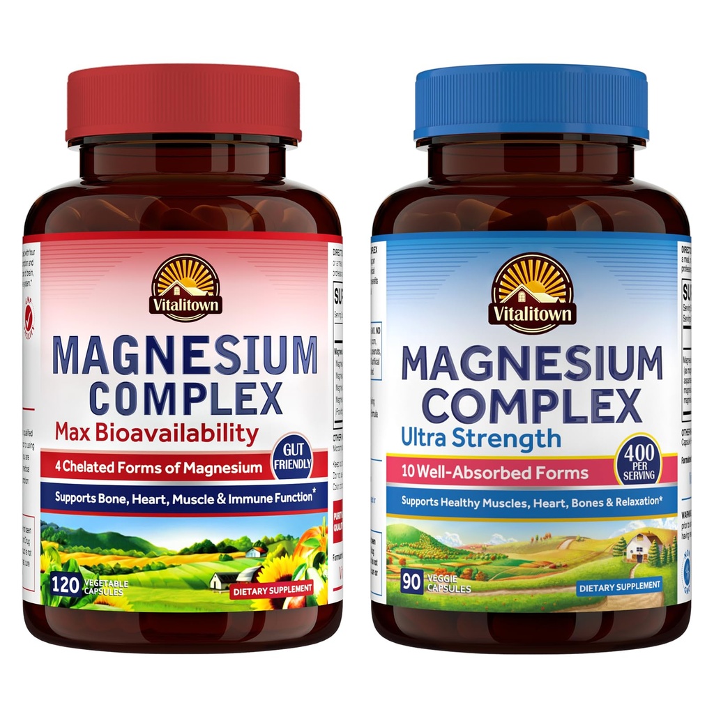 Vitalitown Ultimate Magnesium Bundle (Pack of 2) | Magnesium 4-in-1 Complex (Item 1) & Magnesium 10-in-1 Complex (Item 2) | 120 + 90 Capsules