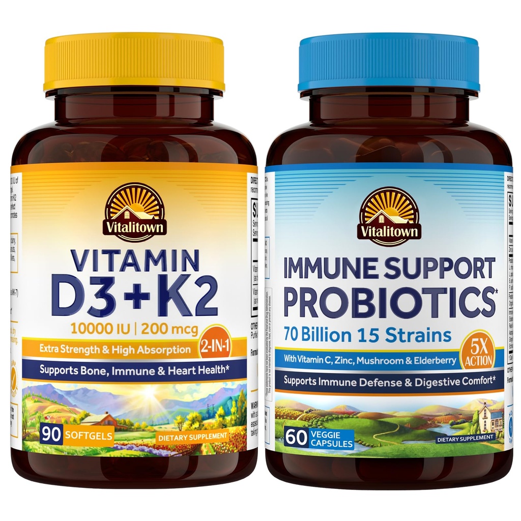 Vitalitown D3 K2 & Immune Probiotics 70B Bundle - Vitamin D3 K2 Supplement (10,000 IU & 200 mcg) + Probiotics (70 Billion CFU, 15 Strains) for Immune, Bone, and Digestive Support