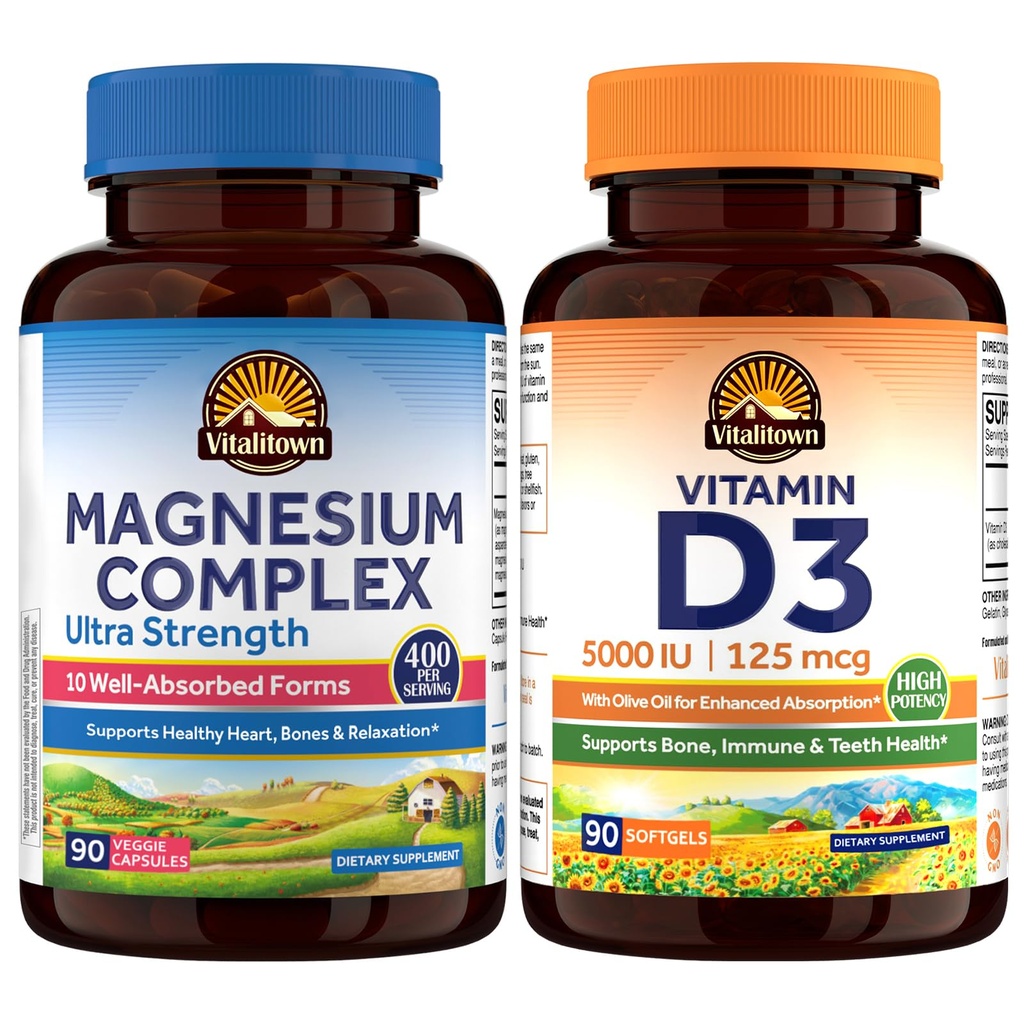 Vitalitown Vitamin D3 (90 Softgels) + 10 in 1 Magnesium Complex (90 Caps) – Comprehensive Support for Immune, Heart & Energy