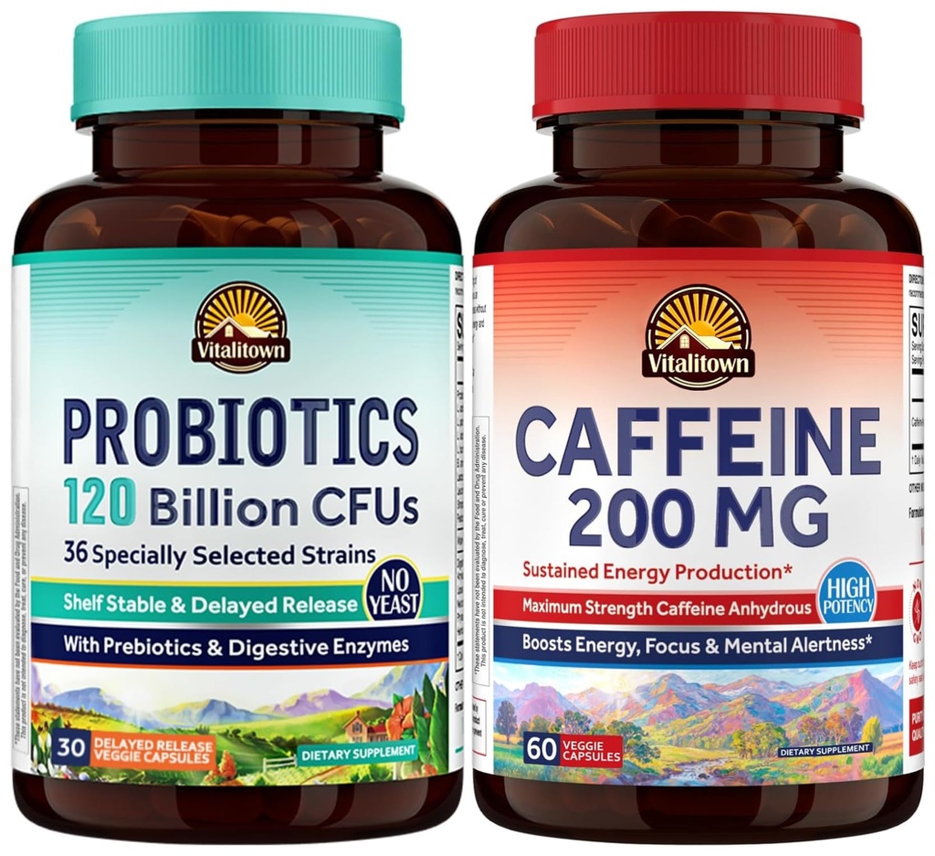 Vitalitown Probiotics & Caffeine Capsules Bundle, 30 & 60 Count