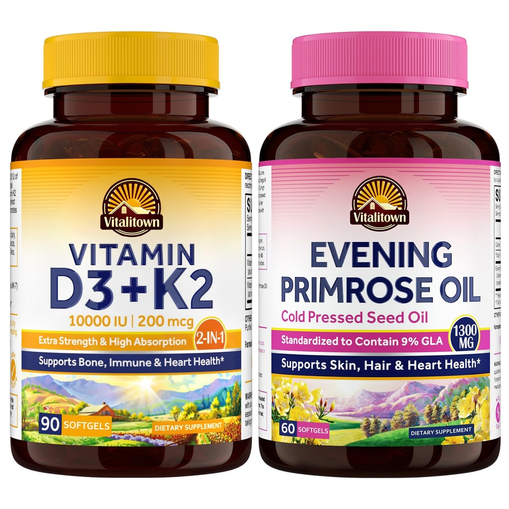 Vitalitown Women's Daily Essentials Bundle: Advanced D3 K2 Complex + Cold-Pressed Evening Primrose Oil, Complete Bone, Skin & Hormonal Support System