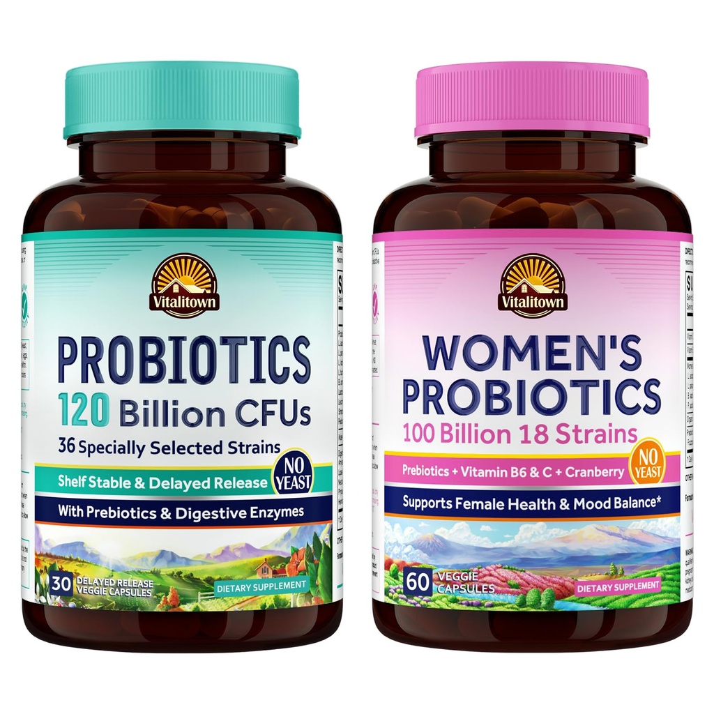 Vitalitown Probiotic Bundle (Pack of 2) | Probiotics 120 Billion CFUs (Item 1) & Women’s Probiotics P5P (Item 2) | Shelf Stable | Gut, Immune, Vaginal & Hormone Health
