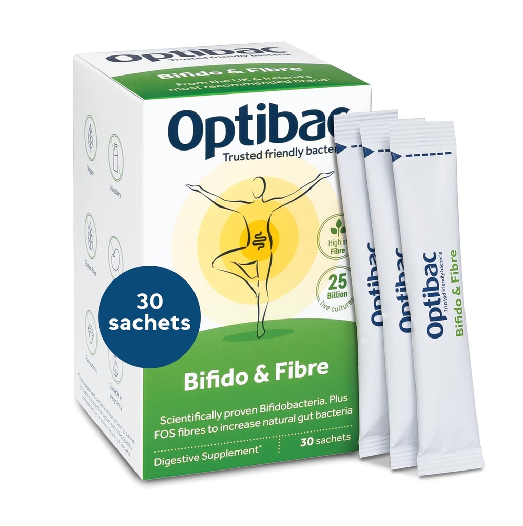 Optibac Probiotics Powder with Bifidobacteria & Fibre - 30 Sachets | 25 Billion CFU + 4 g FOS Fibre | Vegan Probiotic & Prebiotic Blend | Shelf Stable & Gluten Free | for Everyday Digestive Health