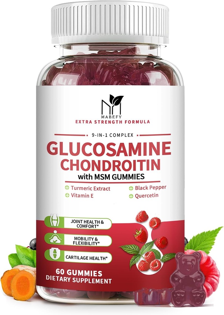 Glucosamina Chondroitin Gummies Triple Strength (1,000mg Glucosamine,750mg Chondroitin) con MSM, Turmeric, Quercetina, Vitamina E, Suplemento de Apoyo Conjunto, Antioxidante 60 Gummies Raspberry Flavor