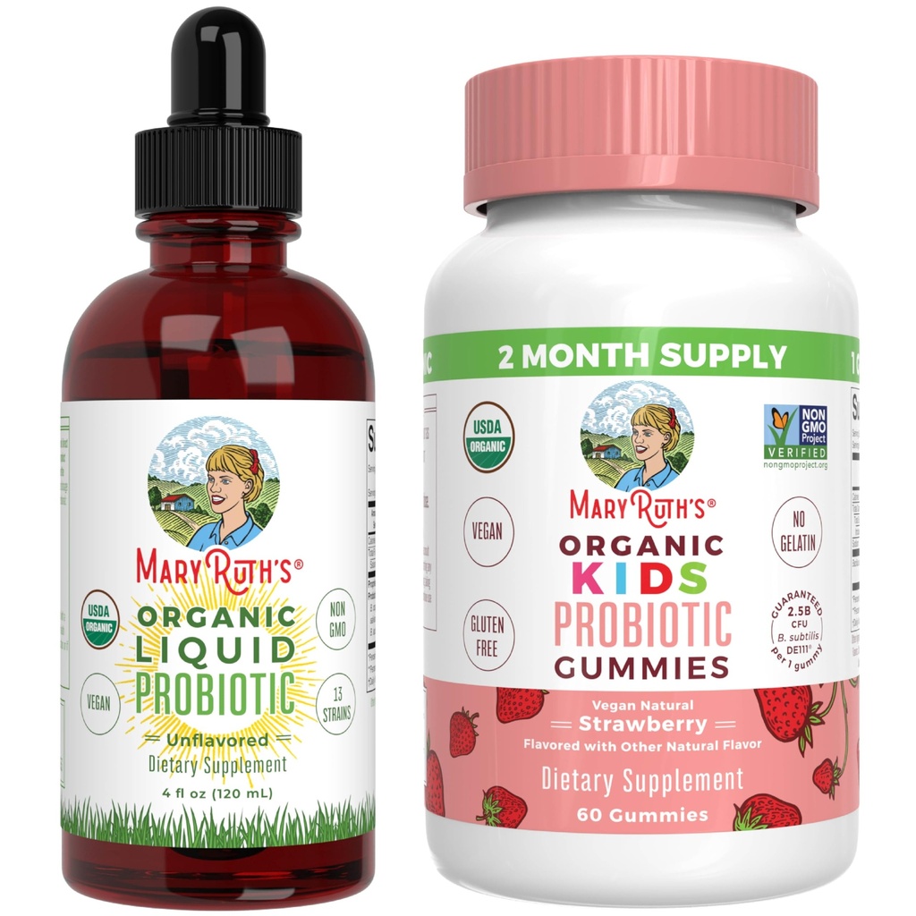 MaryRuth's Probiotic (Unflavored) & Probiotic Gummies for Kids (Strawberry) | USDA Organic, Clean Label Project Verified® | Vegan, Non-GMO, Sugar-Free | Immune Support, Antioxidant & Digestive Health