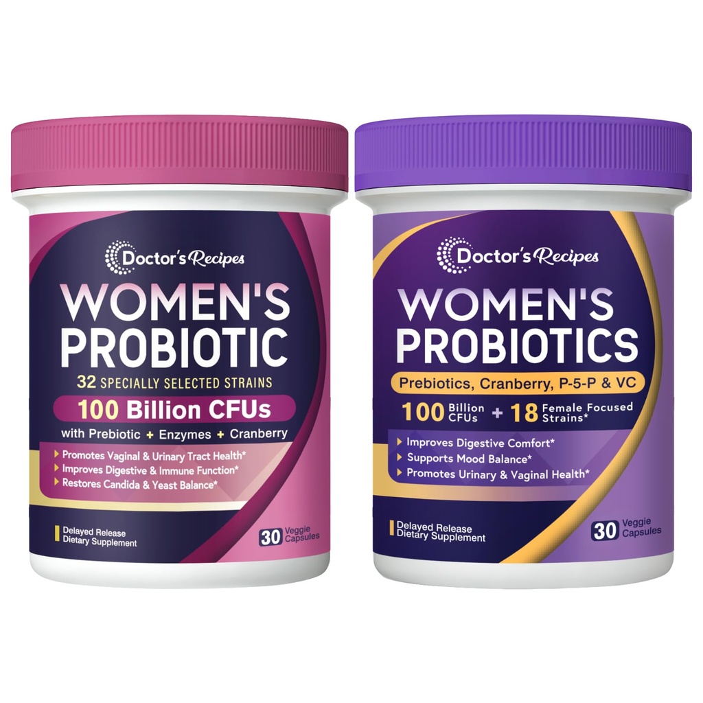 Doctor's Recipes Women’s Probiotics 100 Billion CFU Bundle, Vitamin B6 P5P, Cranberry, Digestion, Vaginal, Mood, Immune, Shelf Stable, Delayed Release