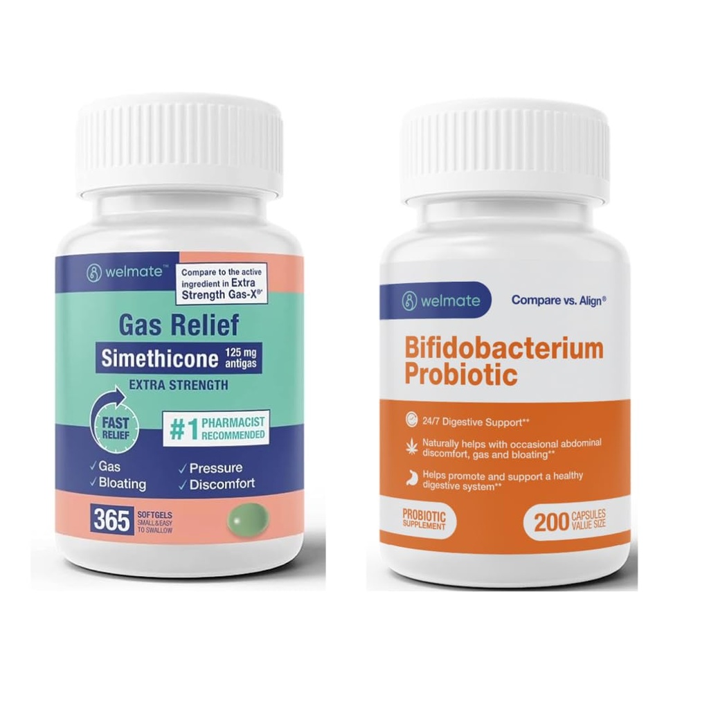 WELMATE Comprehensive Gut Health Bundle: Extra Strength Gas Relief Simethicone 125mg (365 Softgels) + Bifidobacterium Probiotic for Digestive & Immune Support (200 Count) | Fast-Acting, Gluten-Free