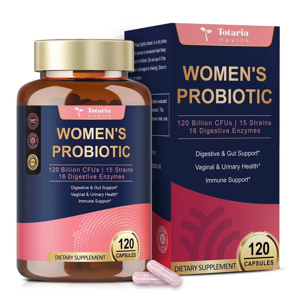 Probióticos Totaria para Mujeres, 120 Billones Mujeres Probiótico, con Akkermansia, Enzimas Digestivos & Prebióticos, Arándano, D-Mannose, para Gut, Vaginal, orina, Immune, PH Balance, 120 cápsulas Veganas