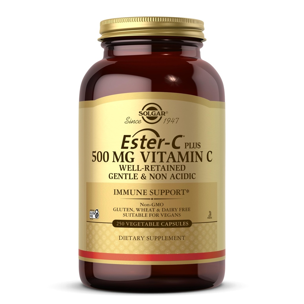 Solgar Ester-C Plus 500 mg Vitamin C (Ascorbate Complex), 250 Vegetable Capsules - Gentle & Non Acidic - Antioxidant & Immune Support - Non GMO, Vegan, Gluten Free, Kosher - 250 Servings