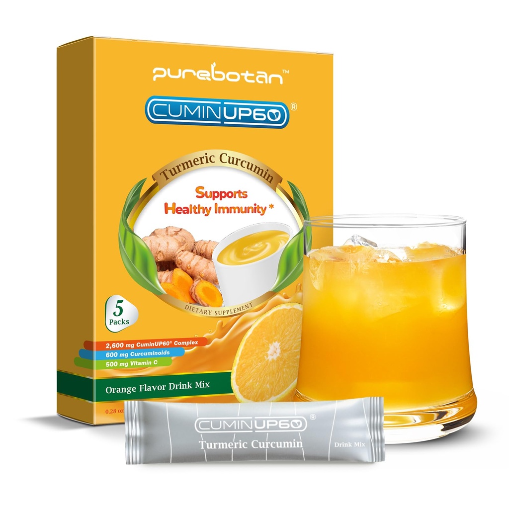Turmeric Curcumin Drink Powder, Turmeric Immunity Shots with Vitamin C, Orange Flavor Instant Drink Mix Packets, High Absorption Curcumin Complex CuminUP60, Immune & Joint Support Supplement
