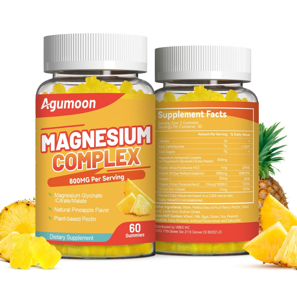 Magnesium Complex Gummies 800mg with Zinc & Vitamins B6, B12, C, D3, 120 Pineapple Gummies, High Absorption Glycinate, Citrate, Malate, Non-GMO, Gluten-Free