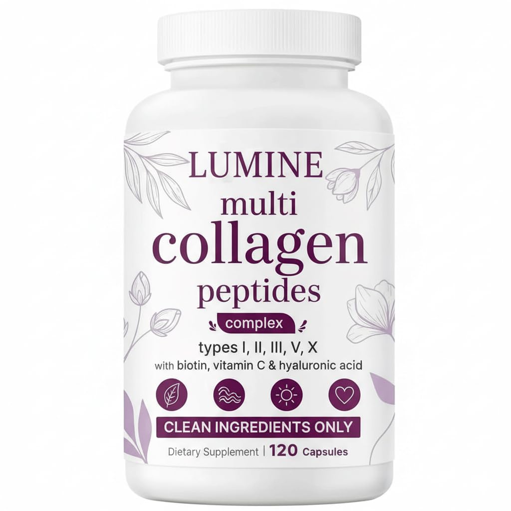 LUMINE Multi Collagen Complex Capsules – Hydrolyzed Protein Peptides Types I, II, III, V & X for Hair, Skin, Nails & Joint Support – Non-GMO, Gluten-Free & Easy to Swallow (120 Capsules)