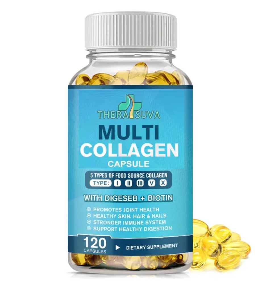 TheraSuva Multi-Collagen Complex + Biotin + Vitamin C – Types I, II, III, V & X – Natural Supplement for Hair, Skin, Nails & Joint Support, 2 Month Supply, 120 Softgels