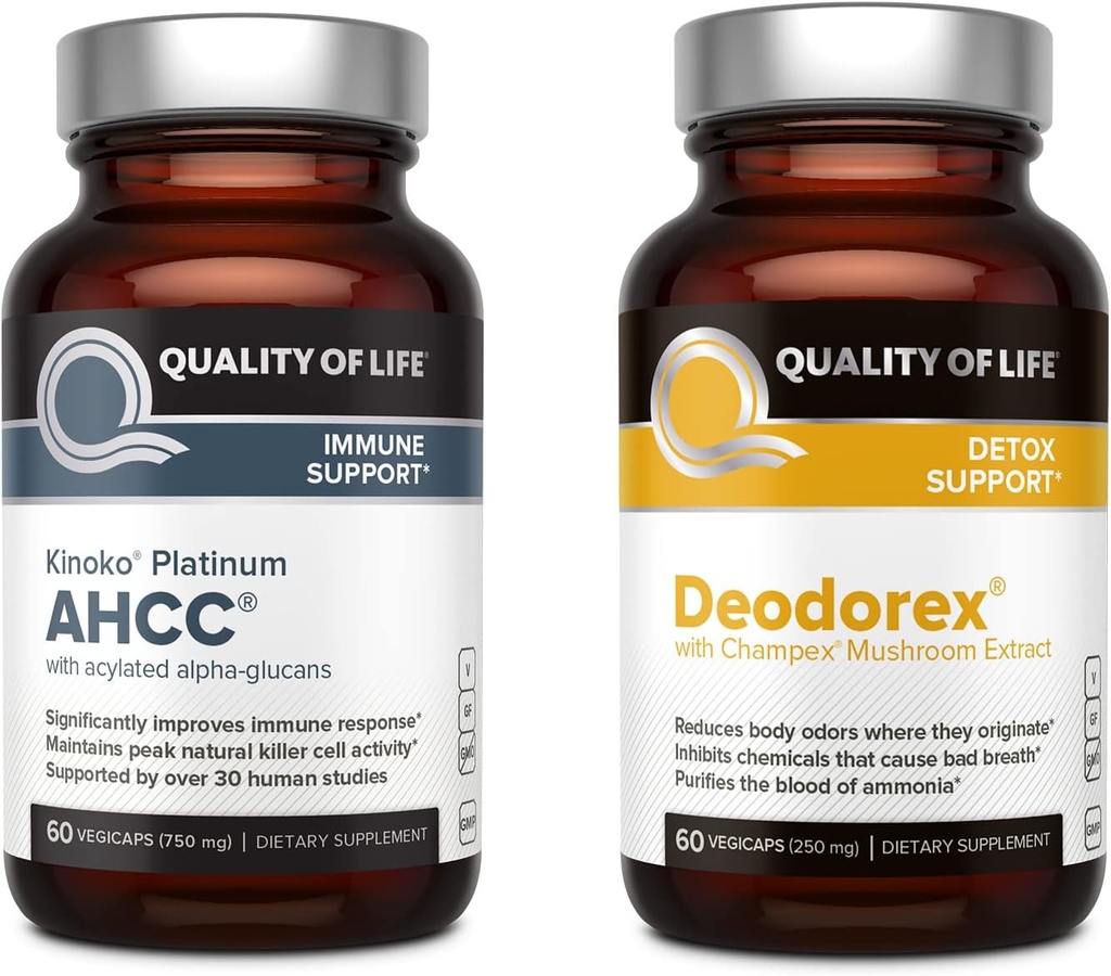 Calidad de vida All Natural Immune Support and Detox Bundle - Kinoko Platinum AHCC Mushroom Extract - Deodorex Detox Support Supplement