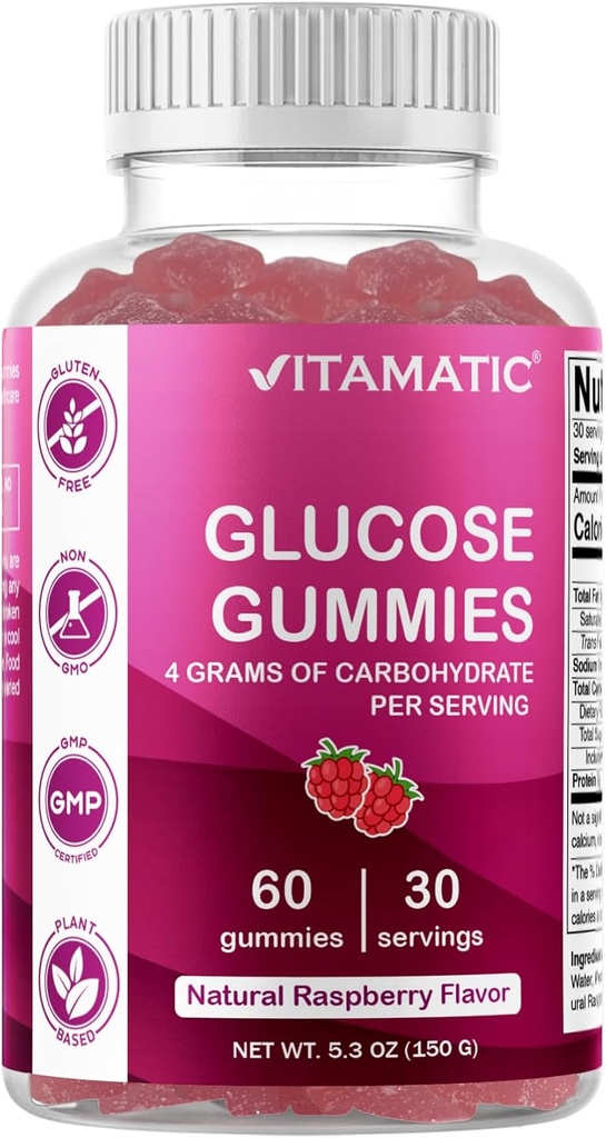 Vitamatic Glucose chewable Gummies - 60 Cuenta - Natural Raspberry Flavor - 4G de Carbohydrate por Serving (1 Bottle)