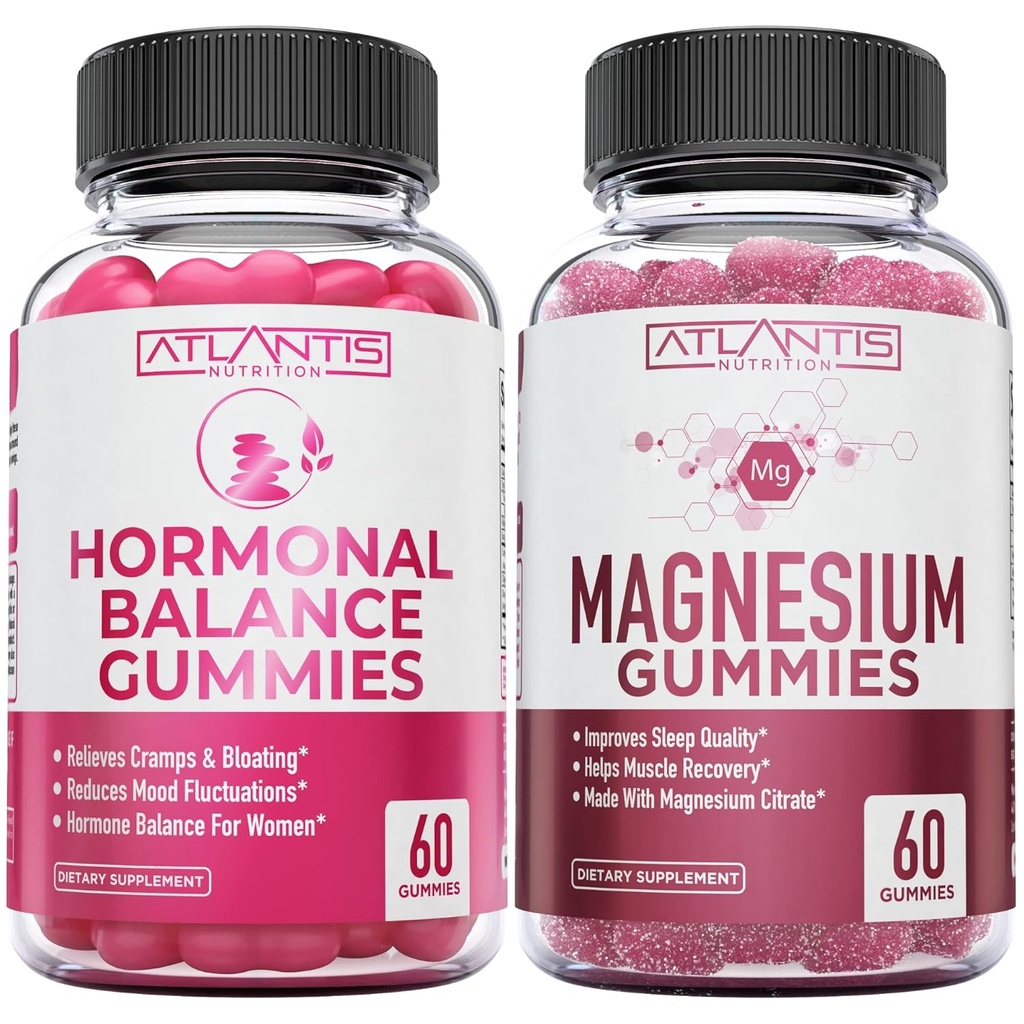 Saldo hormonal &amp; Gummies de magnesio para calambres musculares, PMS Gummies Aliviar Bloating &amp; Mood Swings, Magnesium ayuda a prevenir calambres " promueve la recuperación muscular - 60 Gummies Vegan Por Bottle