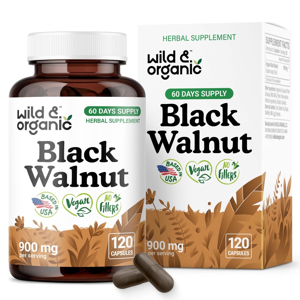 Wild & Organic Black Walnut Hull Capsules 900 mg - Detox & Cleanse Support - Black Walnut Supplement - Juglans Nigra Herb Powder - 60 Days of Supply - Vegan, No Fillers, Non-GMO - 120 Count