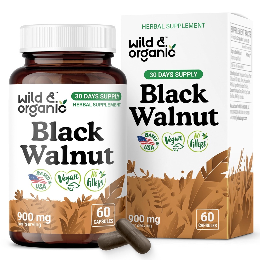 Wild & Organic Black Walnut Capsules 900 mg - Detox & Cleanse Support - Black Walnut Hull Powder Supplement - Juglans Nigra Herb - 30 Days of Supply - Vegan, No Fillers, Non-GMO - 60 Count