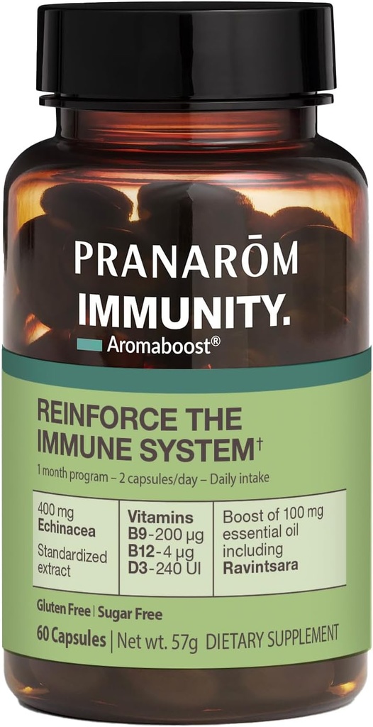 Pranarom - Aromaboost Immunity Herbal Suplemento - Negro Cumin, Echinacea, Vitaminas B9, B12, D3, Pura Ravintsara Aceite Esencial para Apoyo Inmune - 60 cápsulas