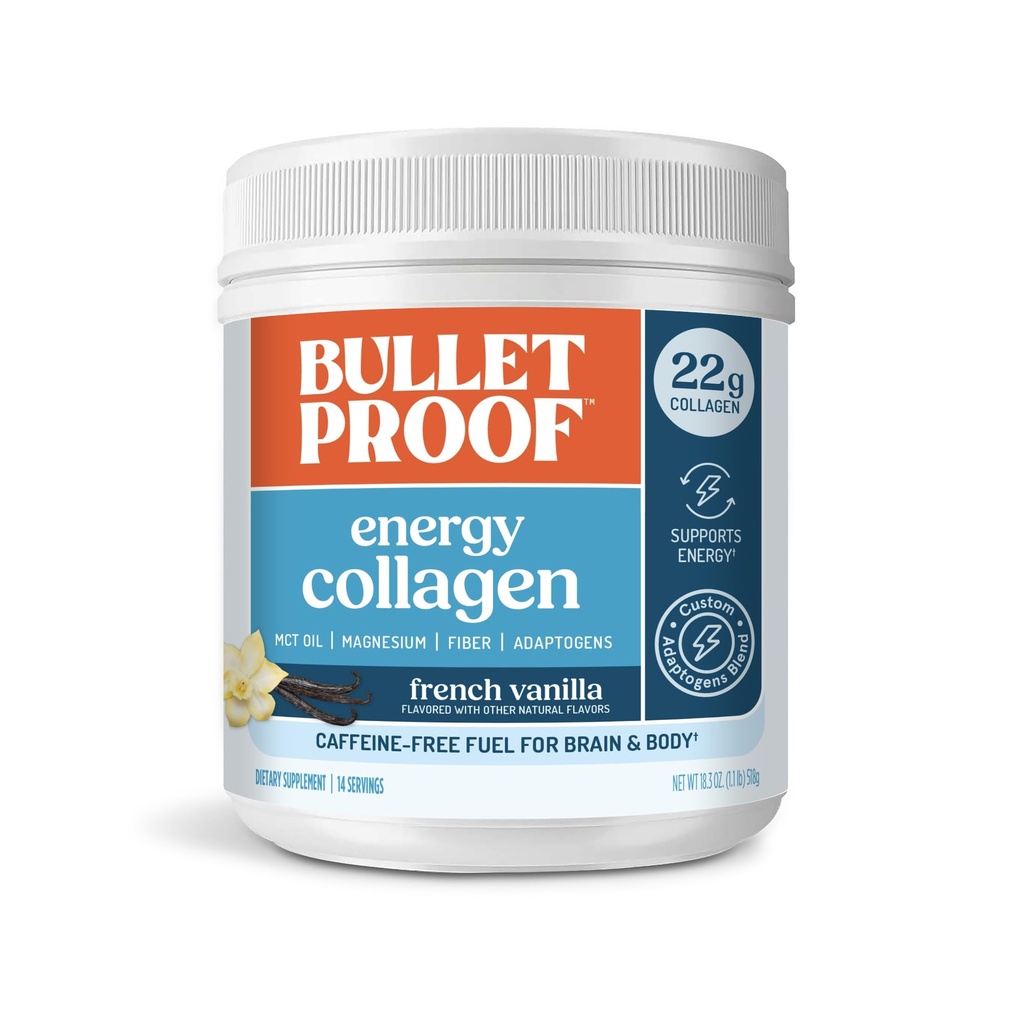 Bulletproof Energy Collagen Protein Powder, Vanilla Bean, 20g Grass-Fed Collagen Peptides, 7g Fiber with MCT Oil & Adaptogens, Caffeine-Free, 18.3 Ounces