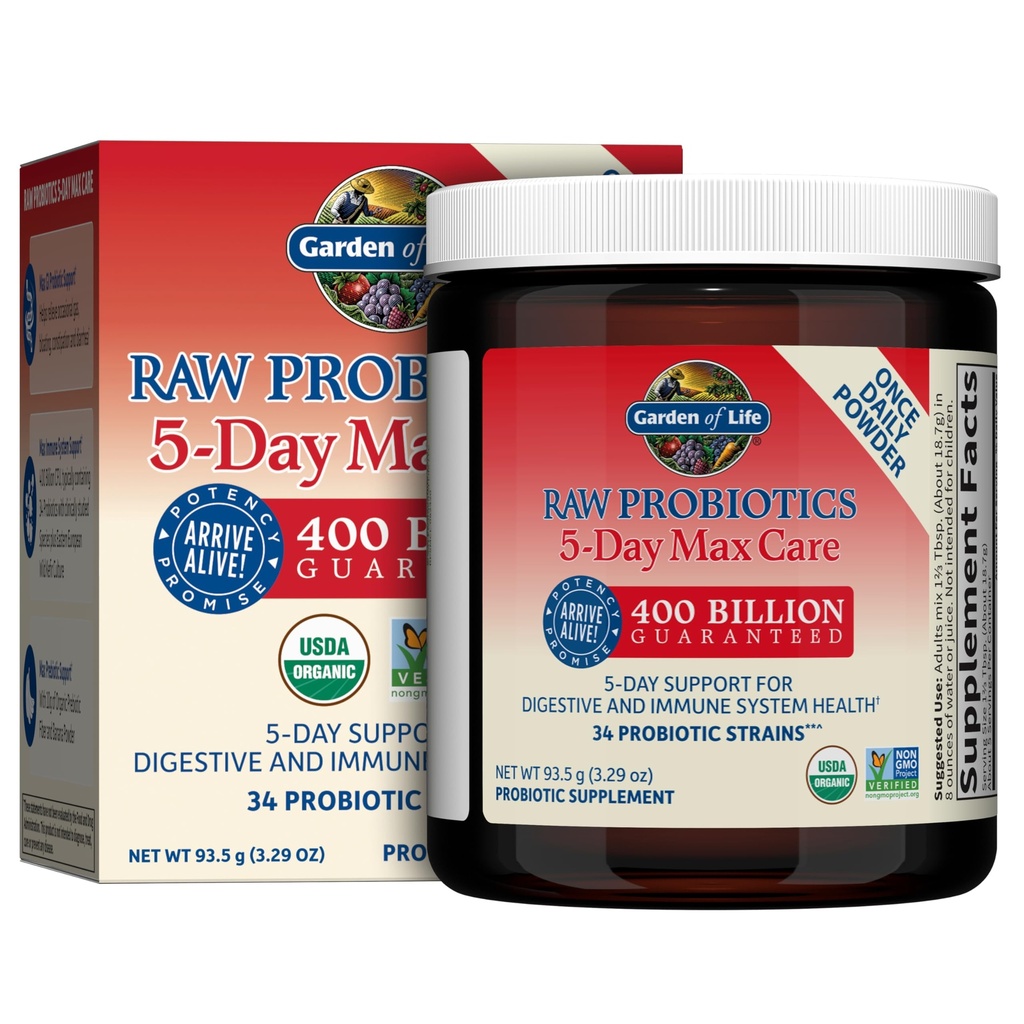 Garden of Life Raw Probiotics 5-Day Max Care - 400 Billion CFU - Probiotic Powder for Digestive & Immune Support - Banana, 5 Servings