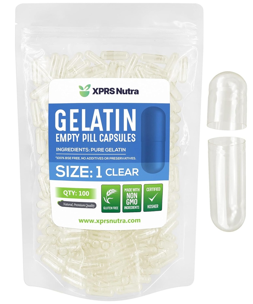 XPRS Nutra Tamaño 1 Empty Capsules - 100 Conde Clear Empty Gelatin Capsules - Empty Pill Capsules - DIY Capsule relleno - Fillable Pure Bovine Pill Capsules Empty Gel Caps Pills
