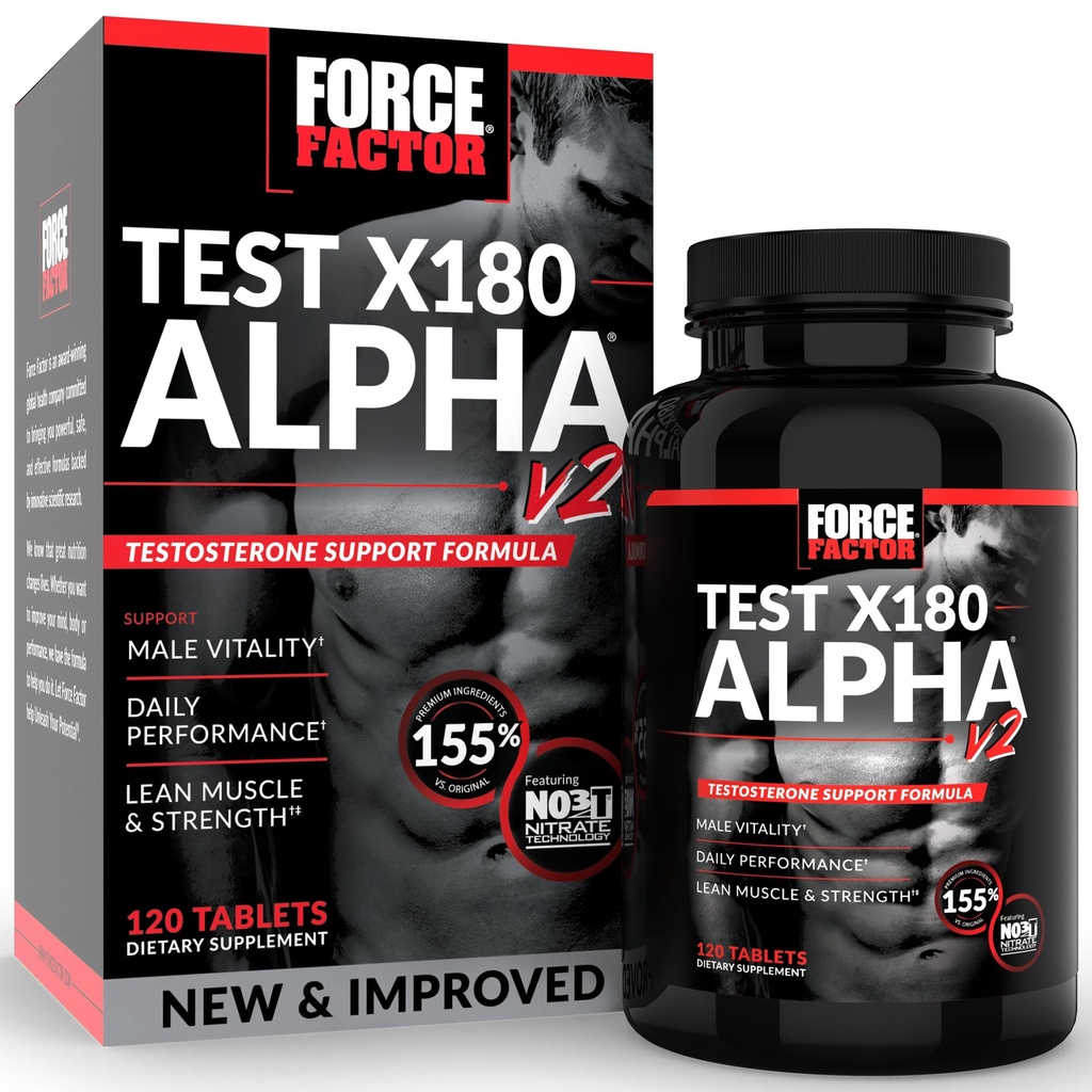 Force Factor Test X180 Alpha v2 T-Support for Men, T-Supplement to Help Build Strength, Boost Nitric Oxide, and Support Daily Performance, 120 Tablets