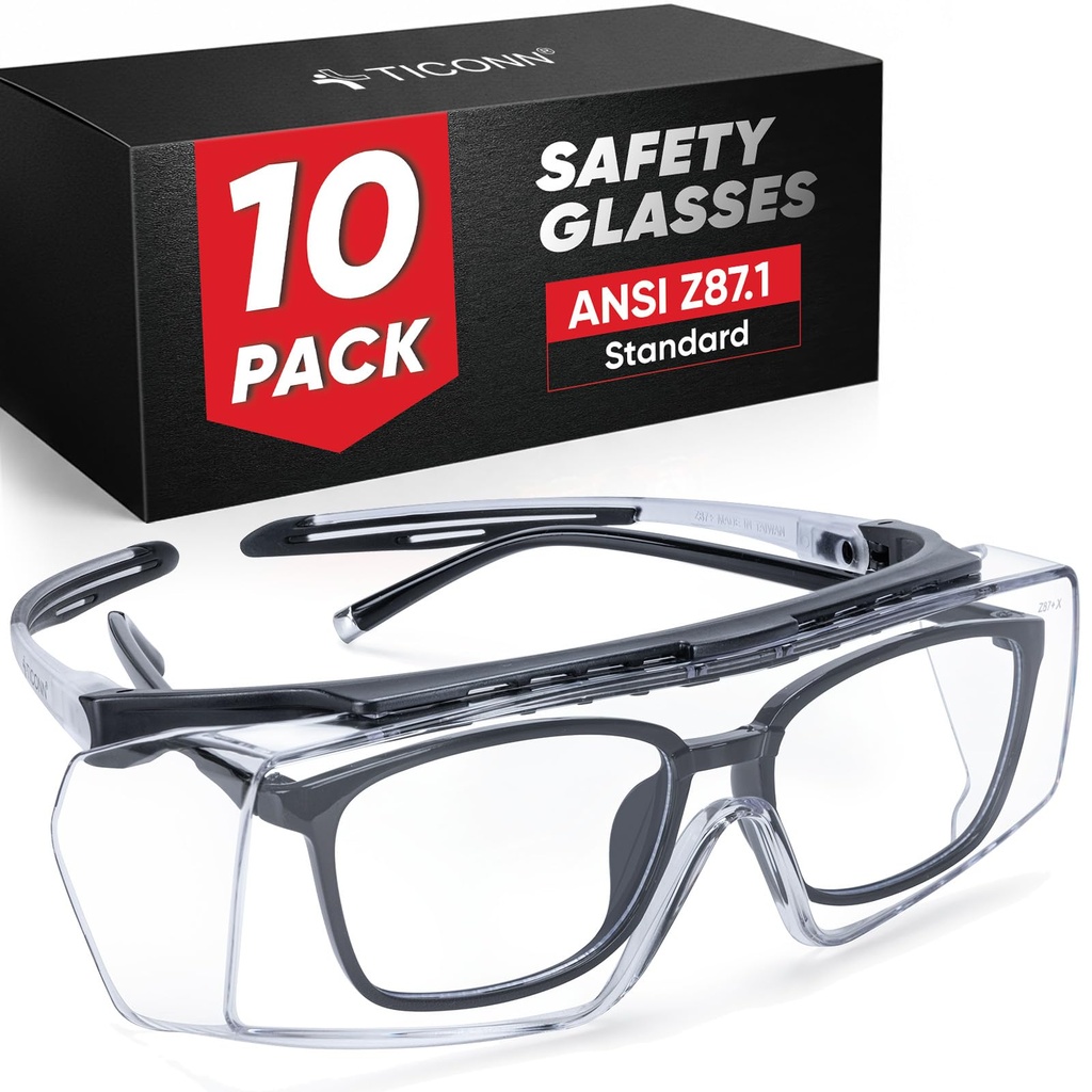 TICONN Safety Glasses Over Eyeglasses for Men Women, Anti-Fog ANSI Z87.1 Eye Goggles with Adjustable Arms and UV Protection