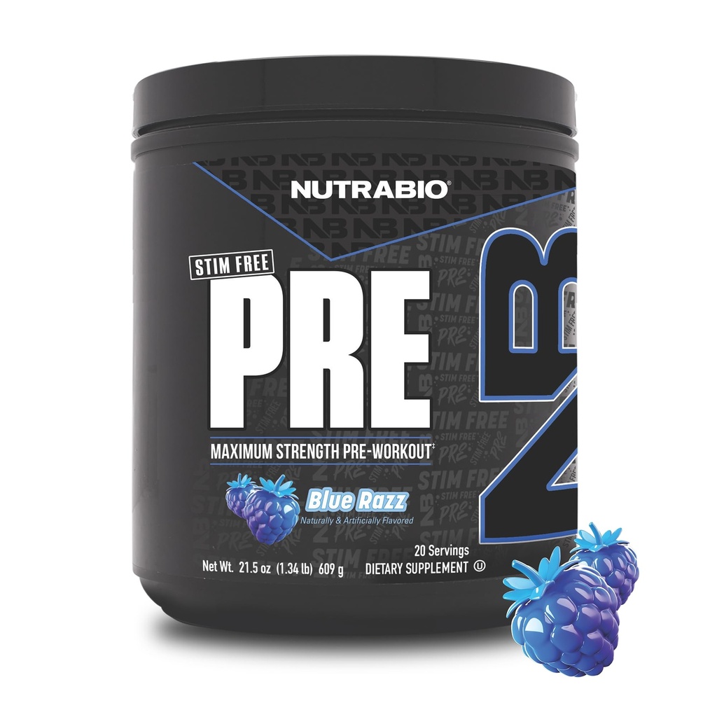 NutraBio STIM-Free PRE Workout for Men, New Formula | Laser Focus, Extreme Pumps | Performance, Endurance | 10g Citrulline, Beta Alanine, Nitrates, Nootropics, Electrolytes - 20 Servings Blue Razz