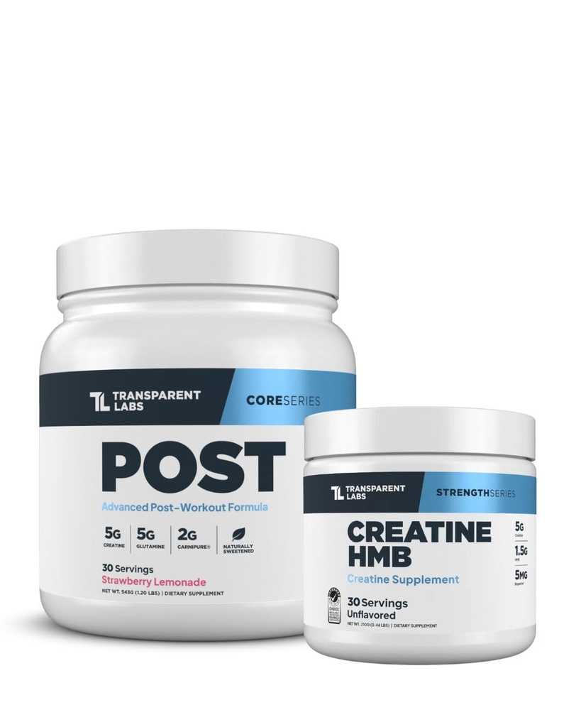 Transparent Labs Post Workout Recovery Muscle Builder (30 Servings, Strawberry Lemonade) & Creatine HMB (30 Servings, Unflavored)