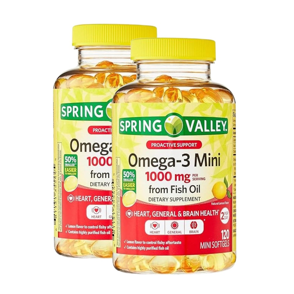 Omega 3 Mini 1000mg from Fish Oil – 120 Softgels, Lemon Flavor Fish Oil Omega 3 Supplements with EPA DHA, Fatty Acid Supplement, Easy to Swallow (Pack of 2)