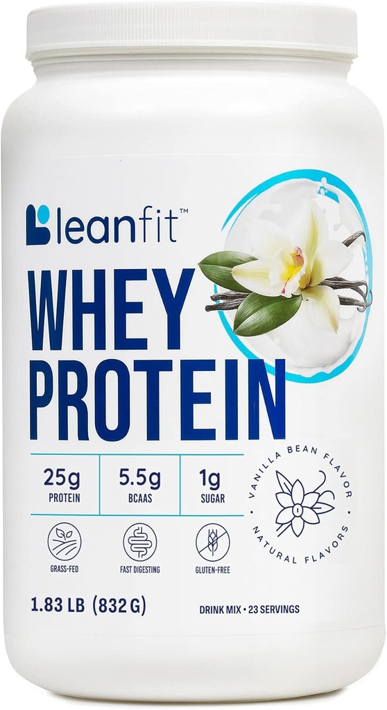 LeanFit WHEY Protein Natural Vanilla – 100% Whey Protein Powder, 24g Protein Per Serving – Grass-Fed, Gluten-Free, Low Carb, BCAAs, Amino Acid – 23 Servings, 1.83 Pound Tub