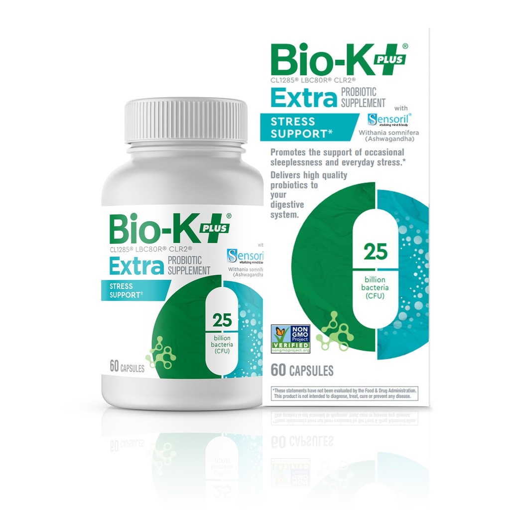 Bio-K+ Probiotic for Stress Support with Sensoril® Ashwagandha, Daily Probiotic Supplement to Support Stress & Sleep, 25 Billion CFU, Vegan, Shelf-Stable – 60 Capsules