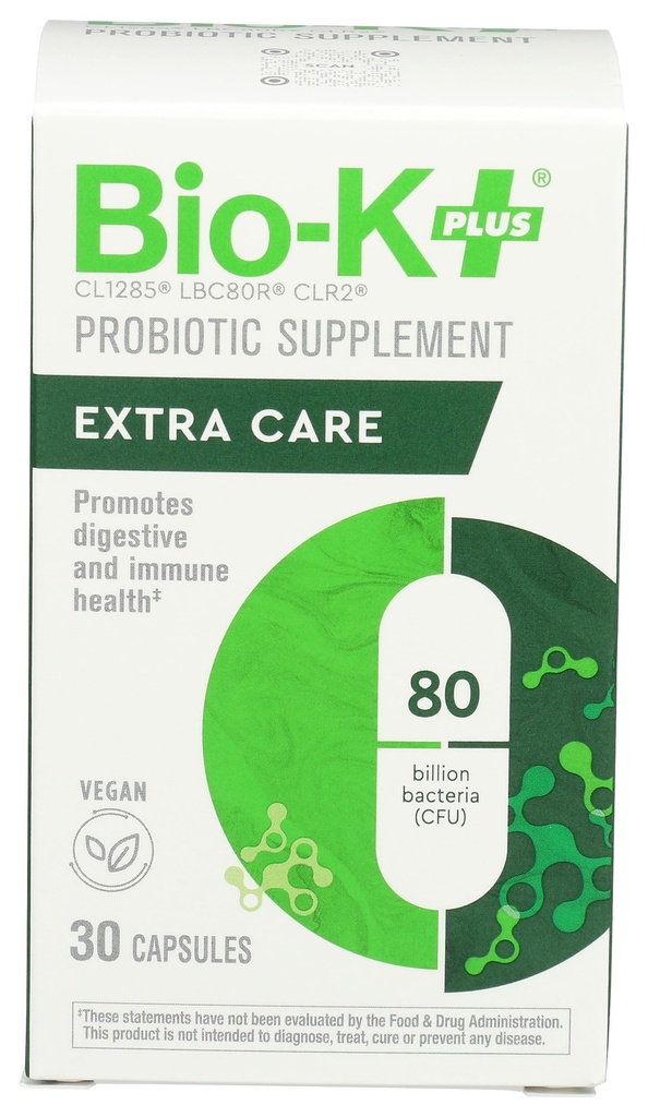 Bio-K + Extra Care Probiotic Supplement Capsules for Adult Men and Women, 80 Billion Active Bacteria, Promotes Immune System Health - Vegan & Gluten-Free Delayed Release, 30 Capules/Box]
