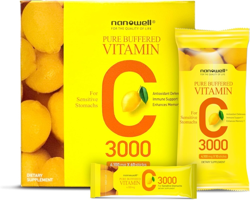NANOWELL Puro Buffered Vitamin C 3000 mg por Serving, Suplemento dietético para Immune Support - 60 Sticks x 1 Box, 2 Months Supply (60 Count)