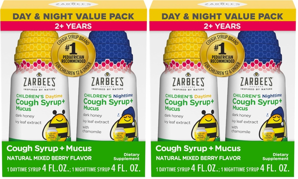 Zarbee's Children’s Honey Cough Syrup + Mucus Day & Night Value Pack,Daytime & Nighttime Toddler Cough Syrup,Dark Honey,Ivy Leaf Extract,Chamomile,Mixed Berry Flavor,4 Fl Oz,(Pack of 4)