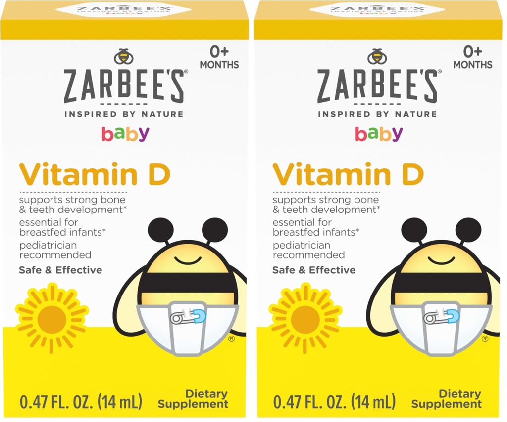 Zarbee's Vitamin D Drops for Infants,400IU (10mcg) Baby & Toddler Liquid Supplement,Newborn & Up,Dropper Syringe Included,0.47 Fl Oz,(Pack of 2)
