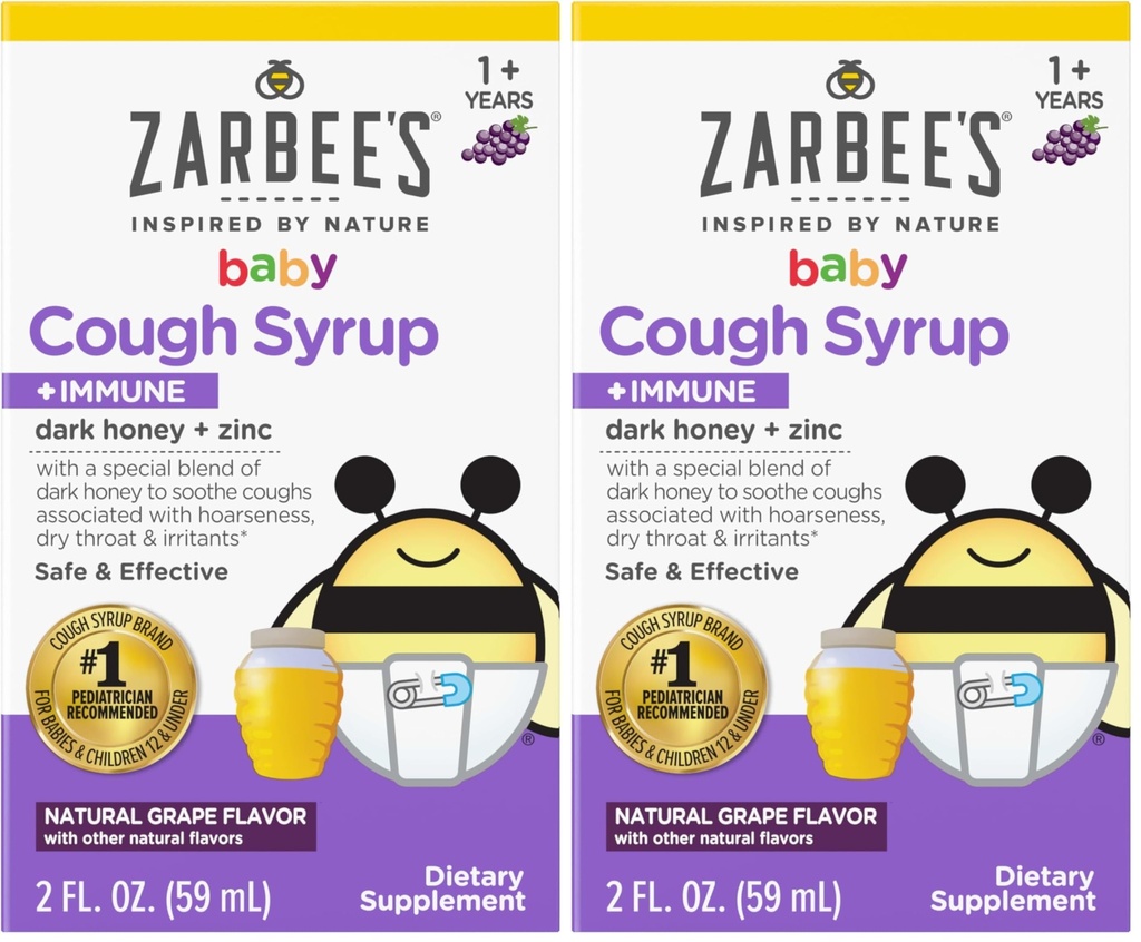 Zarbee's Baby Cough Syrup + Immune with Honey, Natural Grape Flavor, 2 Fl Oz (Pack of 2)