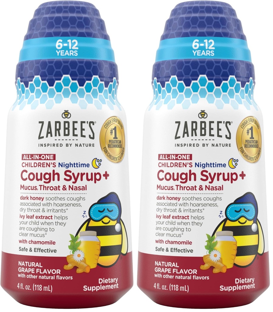 Zarbee's Kids All-in-One Nighttime Cough for Children 6-12 with Dark Honey, Turmeric, B-Vitamins & Zinc, 1 Pediatrician Recommended, Drug & Alcohol-Free, Grape Flavor, 4FL Oz (Pack of 2)