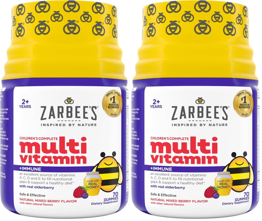 Zarbee's Complete Kids Multivitamin Gummies + Immune Support, Berry Flavor, Honey-Sweetened, Gluten-Free & Gelatin-Free, Vitamins A, C, D3, E, B6, B12, Folic Acid & B-Complex, 70 Count (Pack of 2)