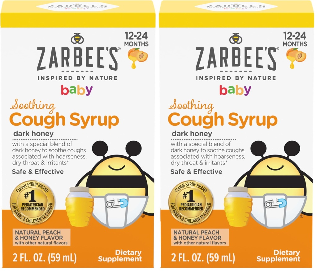 Zarbee's Baby Soothing Cough Syrup with Dark Honey; Natural Peach & Honey Flavor; 2 Fl Oz (Pack of 2)