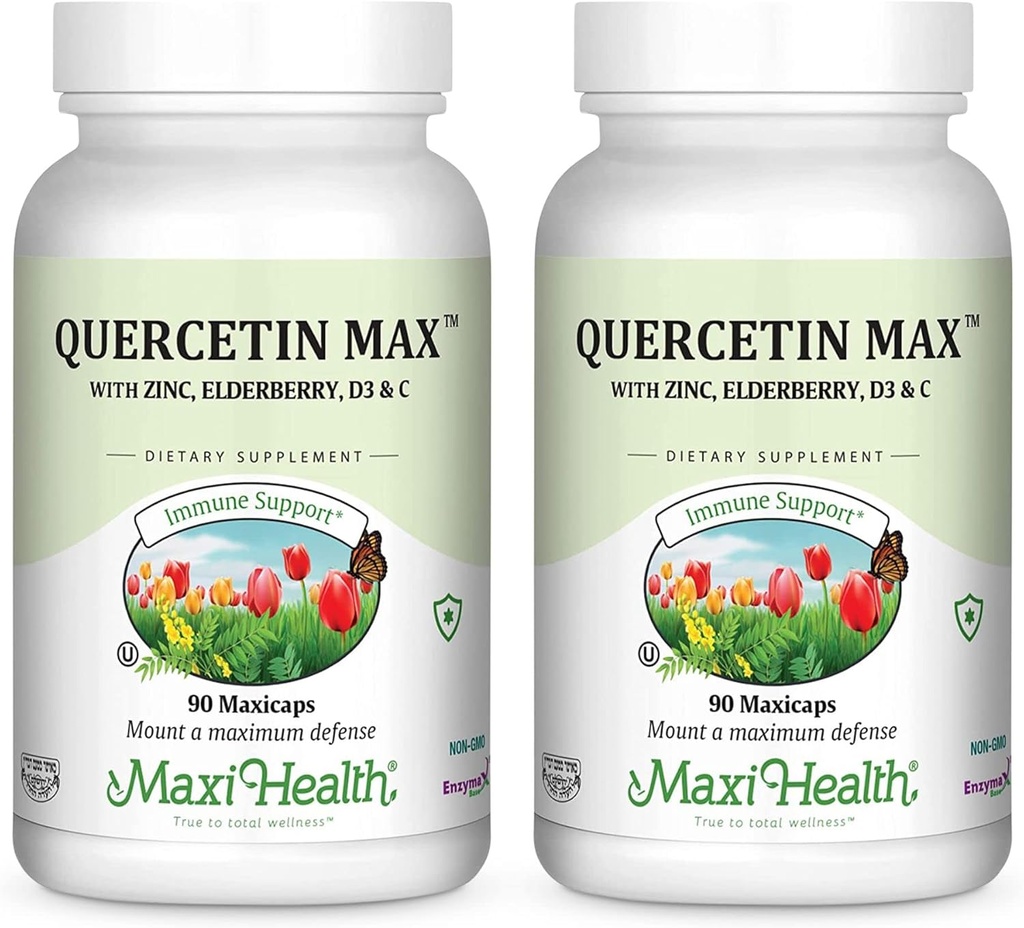 Maxi Health Quercetin 500mg capsules – Suplementos de zinc para mujeres y hombres – No GMO, Kosher y suplementos de quercetina sin gluten con vitamina C y zinc de arandela (90 cápsulas de Veg, paquete de 2)