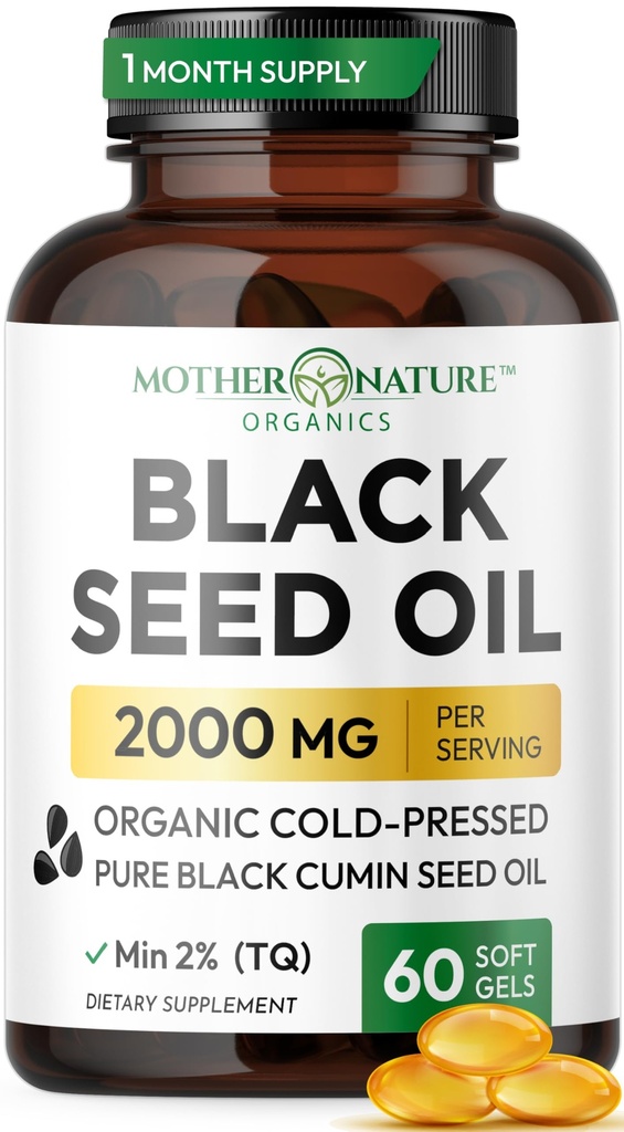 Black Seed Oil Capsules 2000mg Per Serving, Organic Cold Pressed Black Cumin, High TQ, Immune & Joint Support, 60 Count