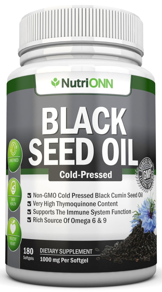 Black Seed Oil - 1000 Mg - 180 Softgels - Cold-Pressed Non-GMO Black Cumin Seed Capsules - Super High Thymoquinone Content - Nigella Sativa - Rich in Omega 6 & 9 Fatty Acids - Immune Health Support