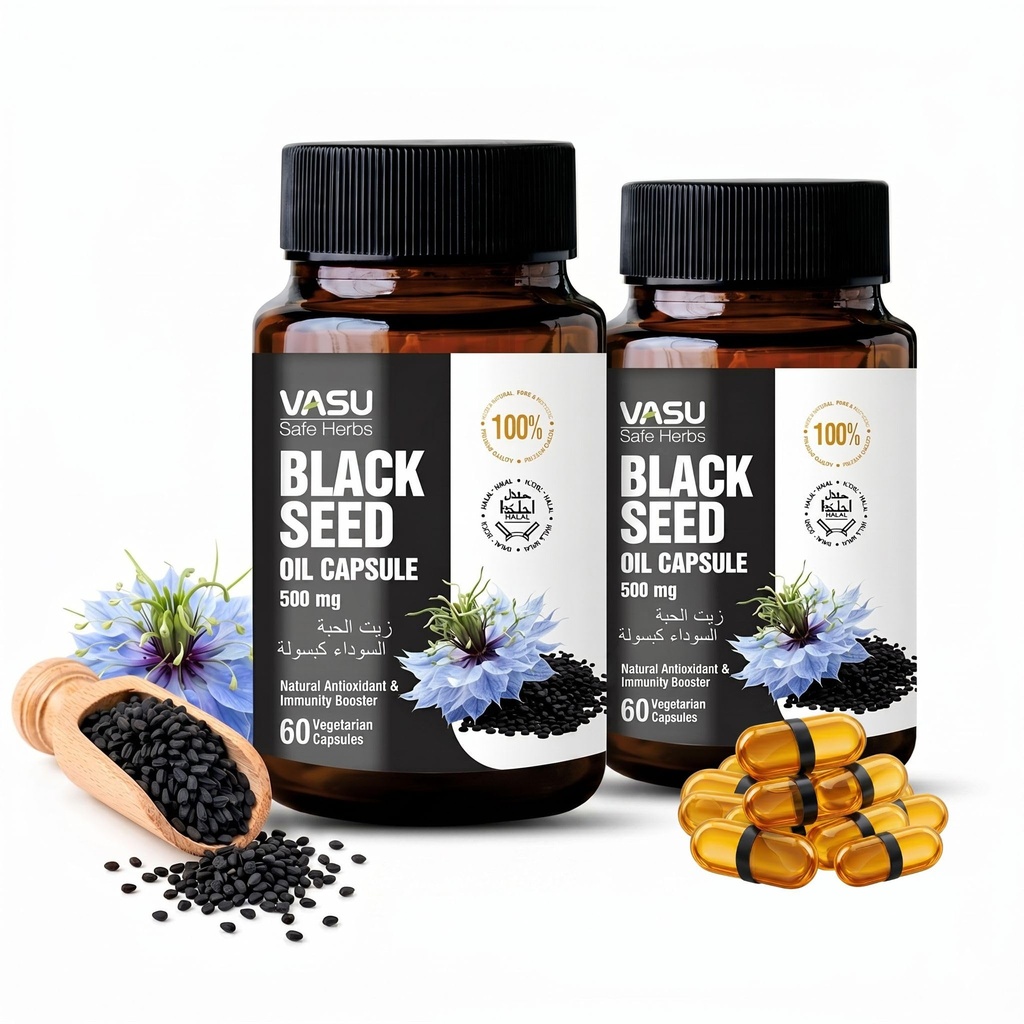 Vasu Safe Herbs Black Seed Oil Capsules 120 Softgels - Black Seed Oil Cold Pressed Nigella Sativa Kalonji 500mg Herbal Wellness with Omega 3 6 9, Non-GMO Gluten-Free Vegan