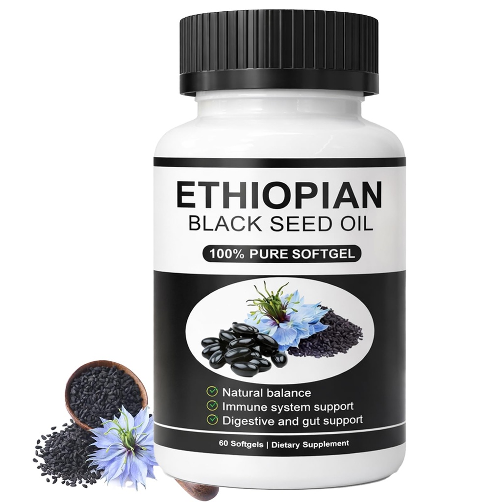 Purely Nutrient Ethiopian Black Seed Oil Capsules with 4.64% Thymoquinone, Organic Cold-Pressed Black Cumin Seed Oil Softgels – Immune & Antioxidant Supplement, Digestion & Energy Booster – 60 Count