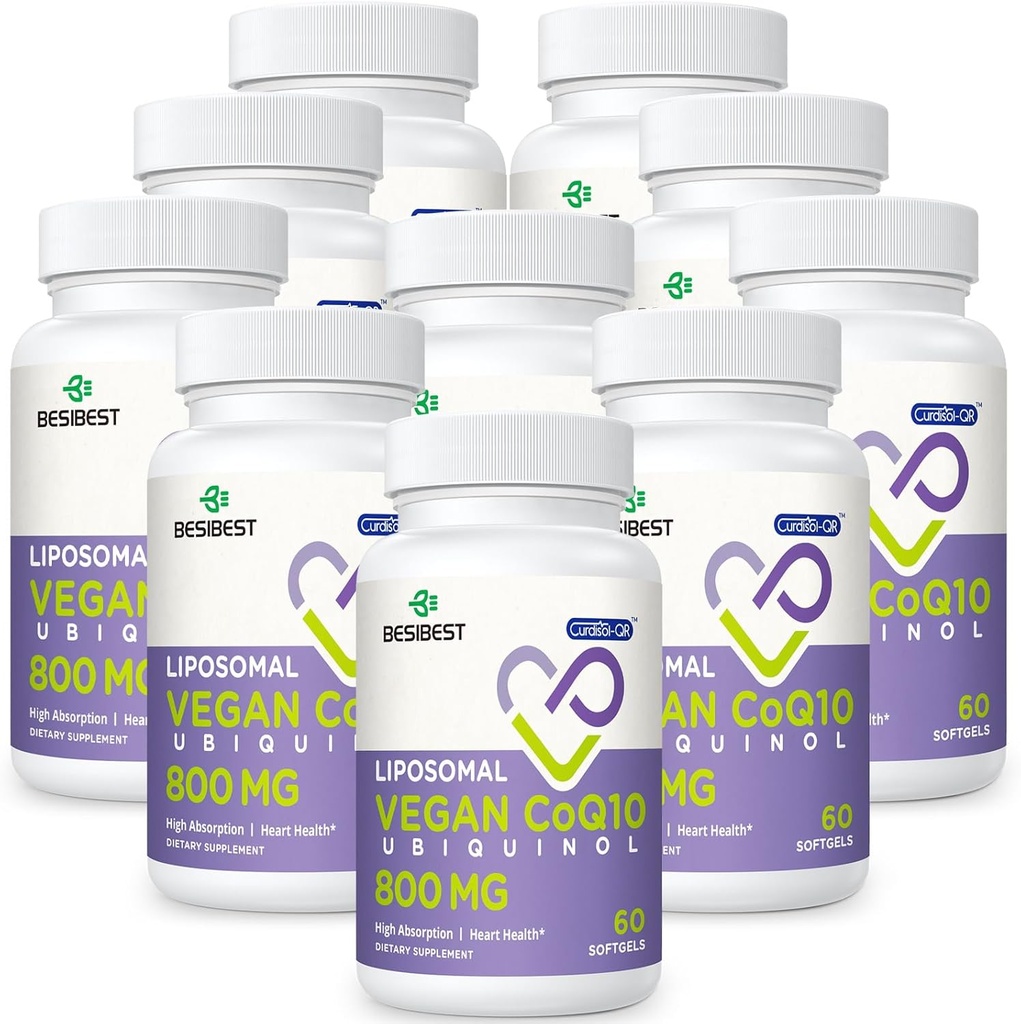 Liposomal Ubiquinol CoQ10 800 MG Softgel, alta absorción CoQ10 Ubiquinol Suplemento, Active Coenzyme Q10 800mg, potente antioxidante para la función cerebral del corazón, producción de energía, 600 Vegan Softgels